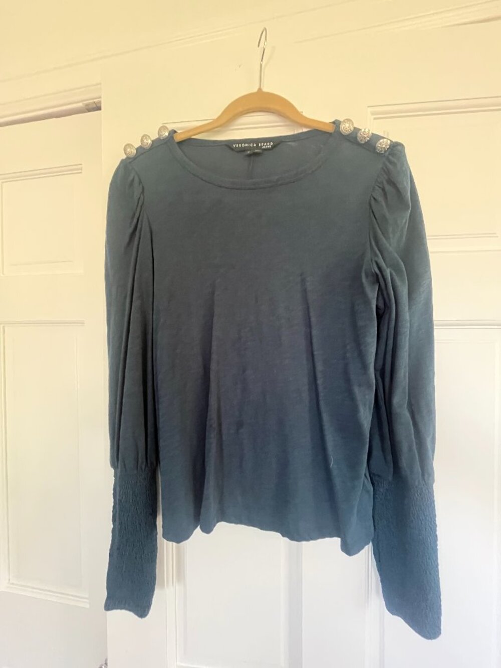 Veronica Beard Jeans Teal Blue Long-Sleeve Button-Shoulder Top - Size Medium